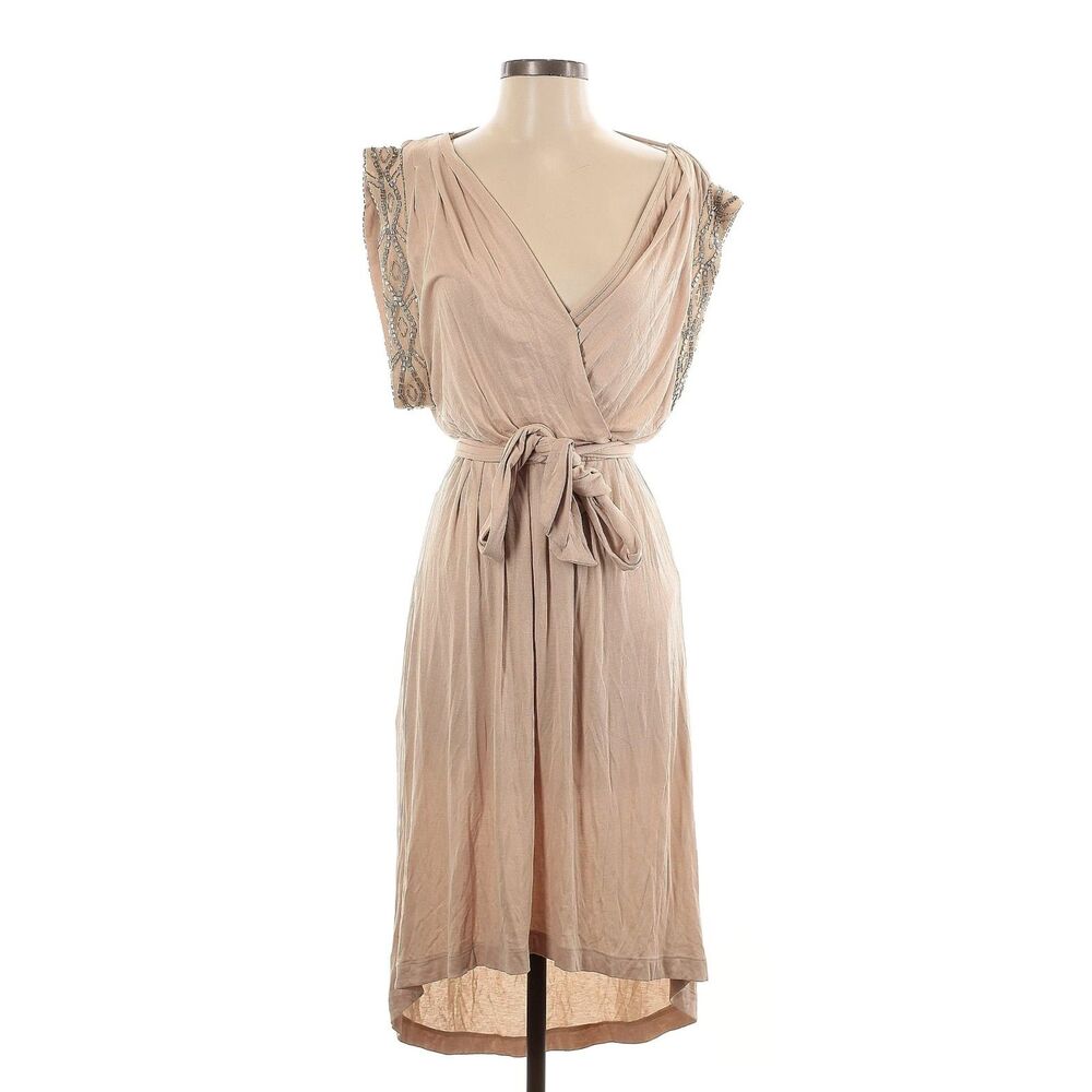NWT twelfth street Cynthia Vincent dress Nude beaded waist sash plunge Wedding